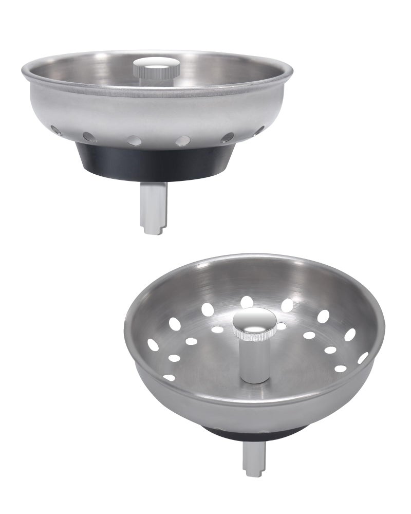 KONE 2PCS Kitchen Sink Basket Strainer Replacement for 3-1/2 Inch Standard Drains Brushed Stainless Steel Body Metal Center Knob with Rubber Stopper - Image 1